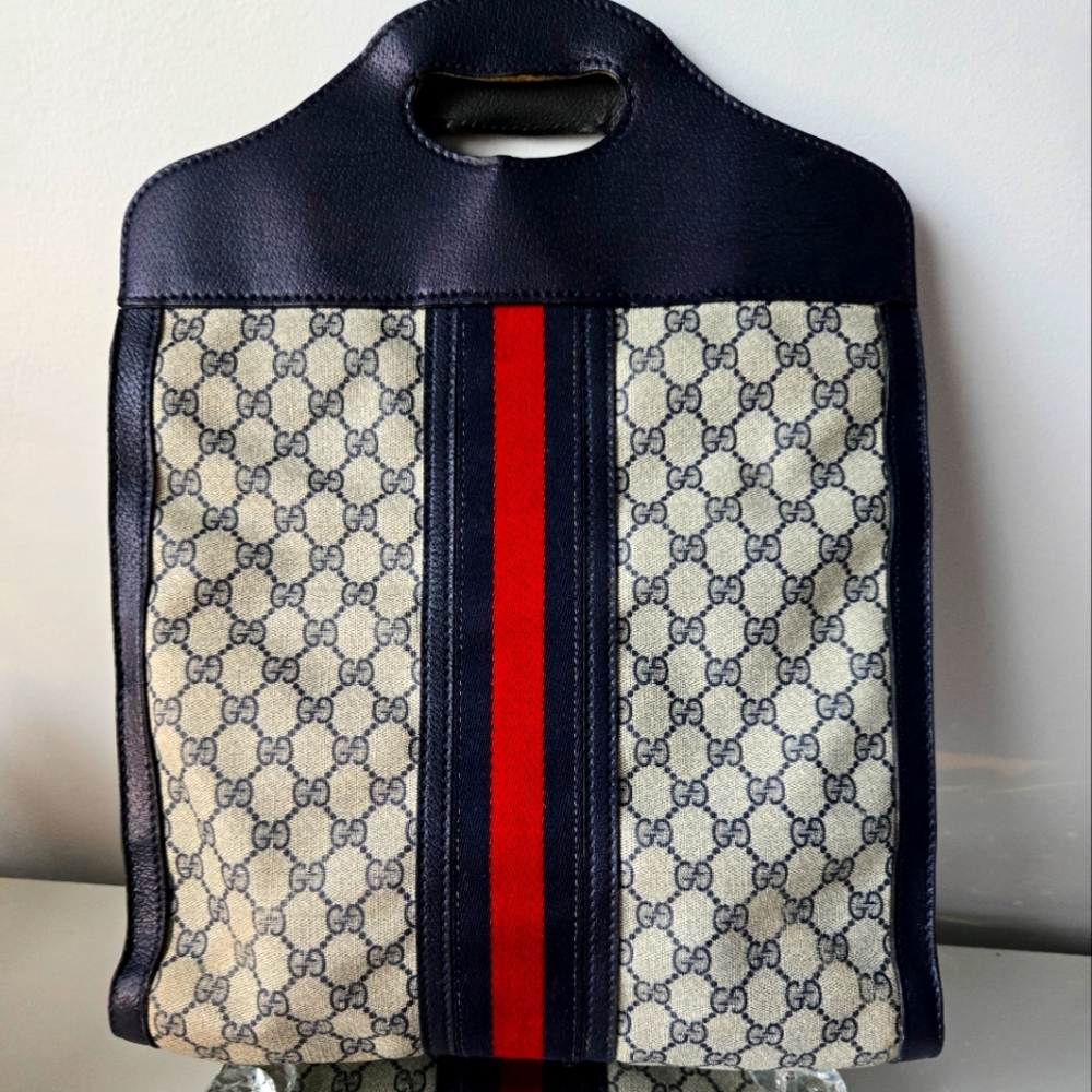 Gucci Blue and Cream Tote/Clutch with Monogram Pattern and Signature Webbing